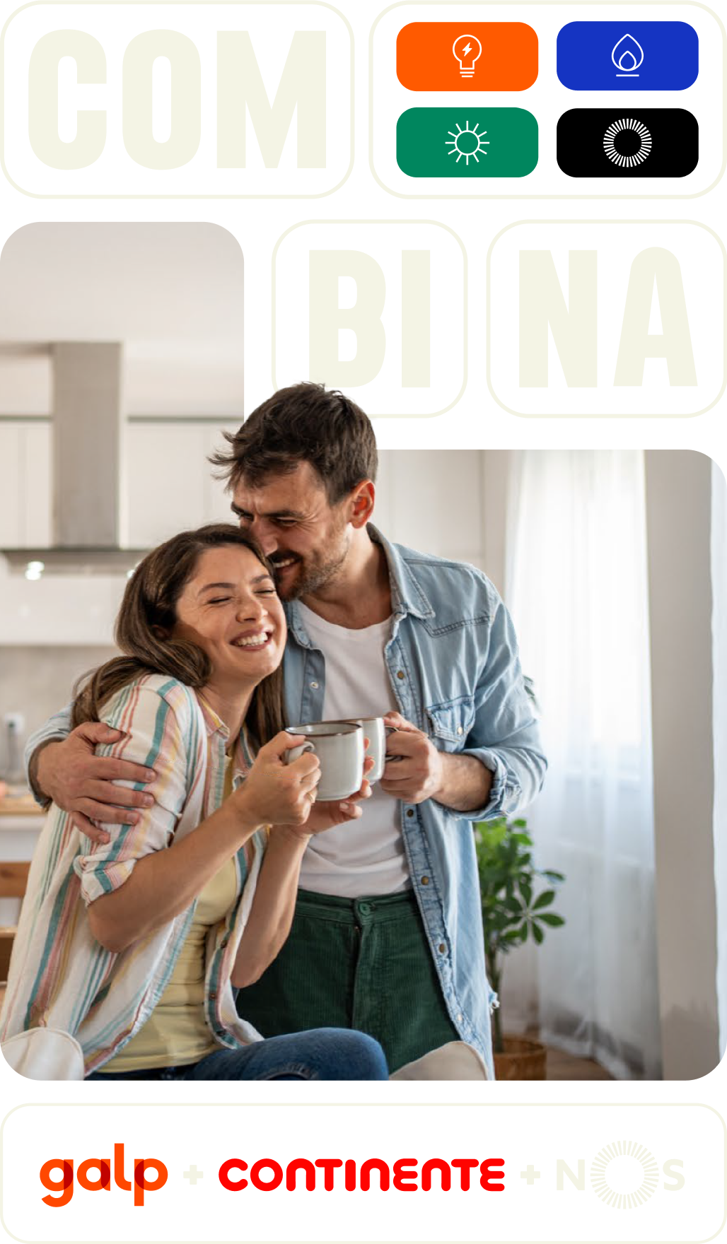Combina: Galp, Continente e NOS — composição COMBINA com imagem e logótipos